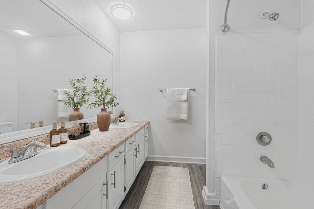 Double sink vanity with decorative plants at Crescent Place in Savannah, Georgia