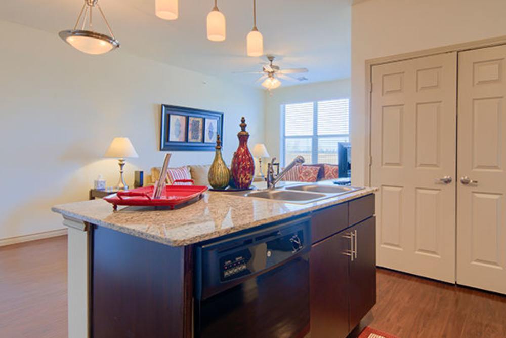 Granite countertop with dark cabinetry at Midway Station in Midland, Texas