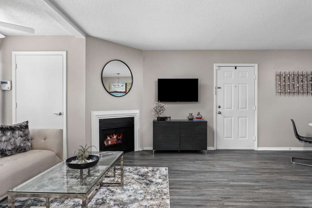 Gray walls with a fireplace and tv stand at Stonebridge Crossing Apartment Homes in Cordova, Tennessee
