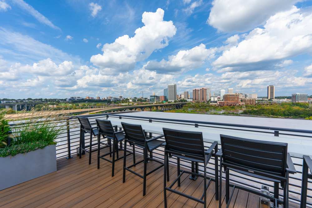 Rooftop seating area with city skyline view at Eddy on the James in Richmond, Virginia