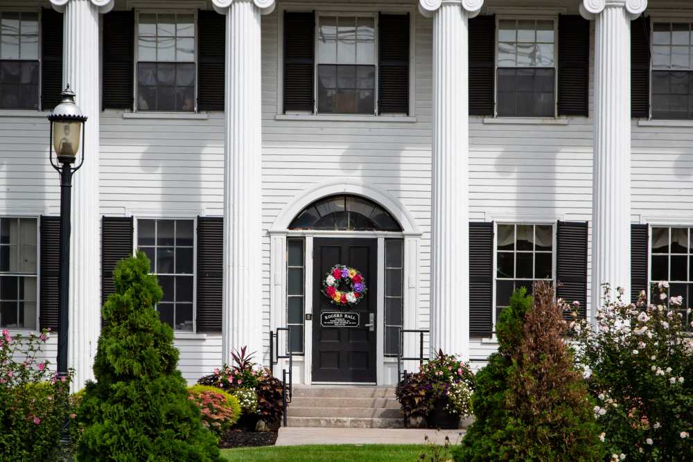 Entrance of the apartment home building at Rogers Hall in Lowell, Massachusetts