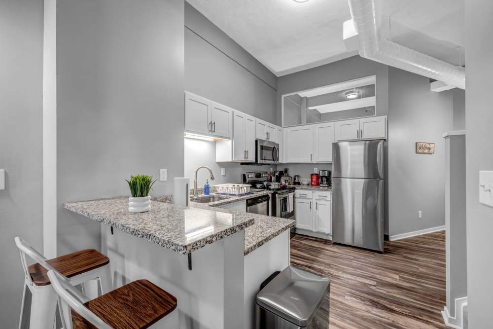 Granite countertops in modern kitchen at Huron Square and The Osborn in Cleveland, Ohio