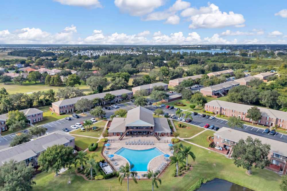 Resort-style pool surrounded by lounge chairs and umbrellas with well-maintained landscaping at Carlton Arms Of Winter Haven in Winter Haven, Florida