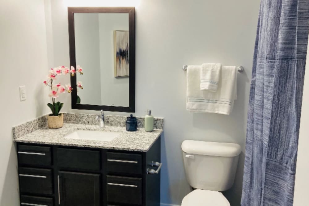 Bathroom with vanity and framed mirror at River Point West in Elkhart, Indiana