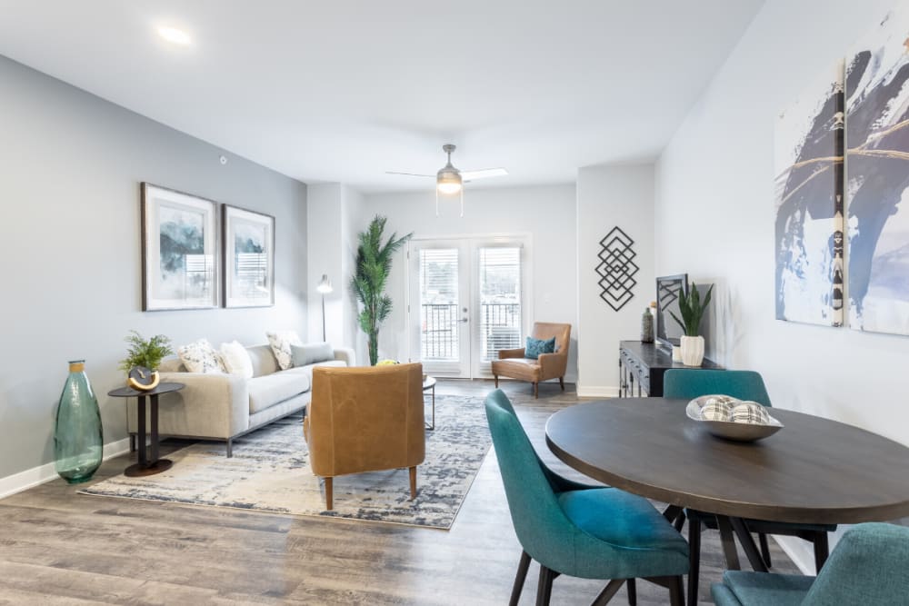 Open living room and dining area at River Point West in Elkhart, Indiana