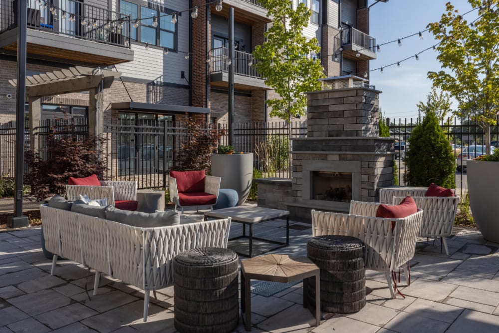 Courtyard patio with fireplace and seating at River Point West in Elkhart, Indiana