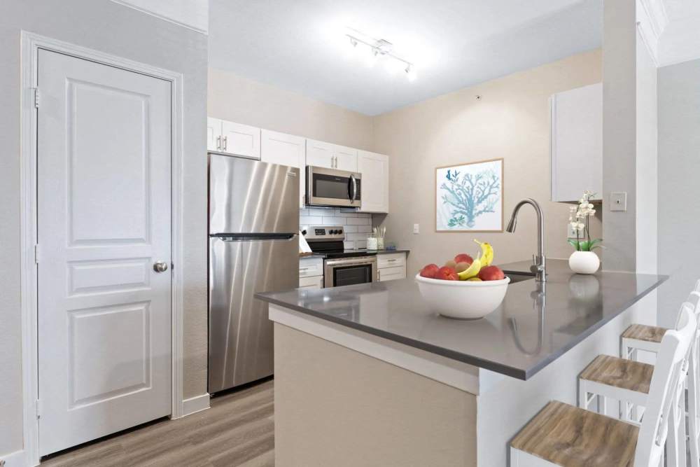Modern kitchen with stainless steel appliances, granite countertops, and bar seating, featuring fruit bowl centerpiece at Reeves and Wells in Dallas, Texas