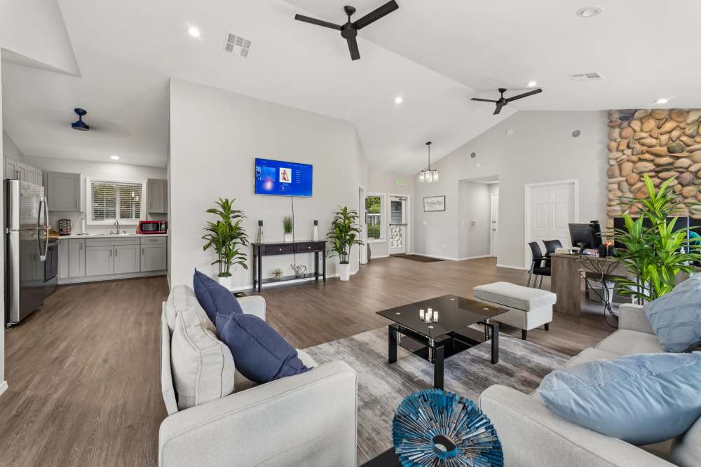 Clubhouse lounge with sofas, kitchenette and TV at Fieldstone in Fairview, Oregon.