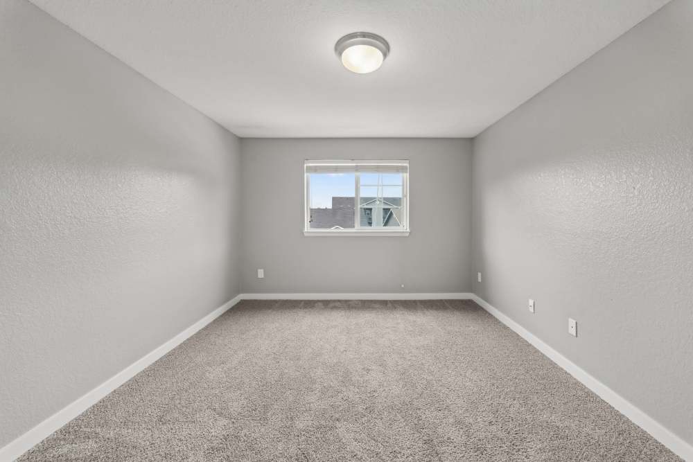 Carpeted bedroom with window and ceiling light at Fieldstone in Fairview, Oregon.