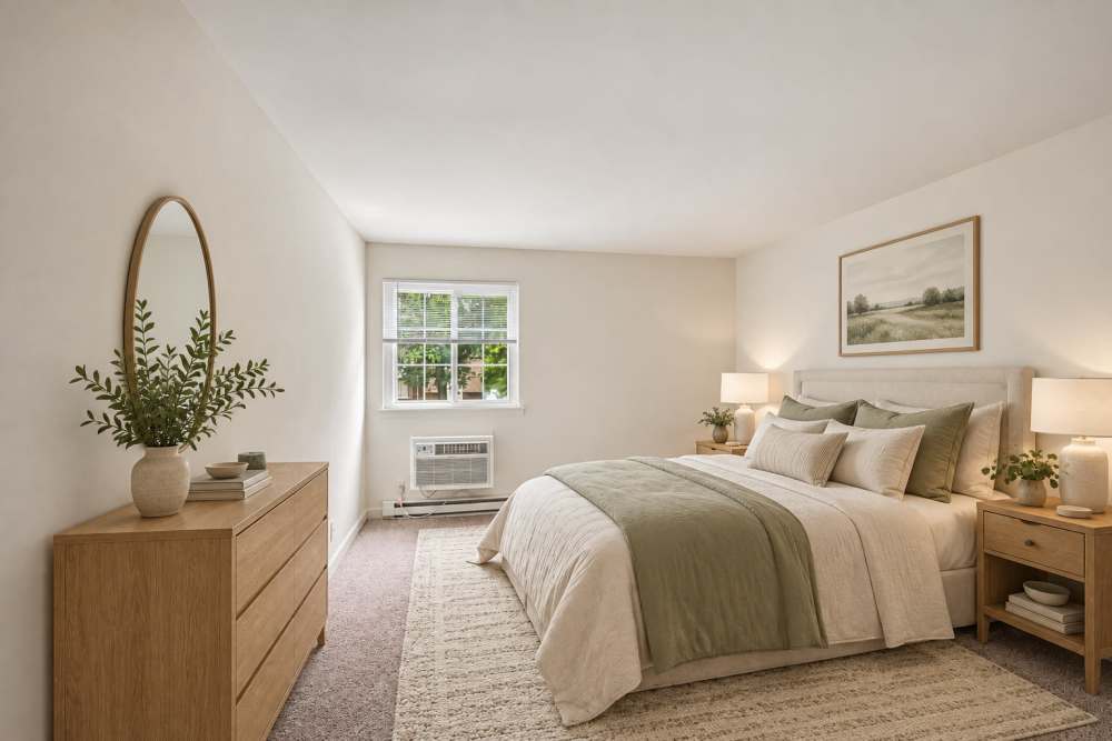 Beautifully decorated bedroom at William Penn Village Apartment Homes in New Castle, Delaware