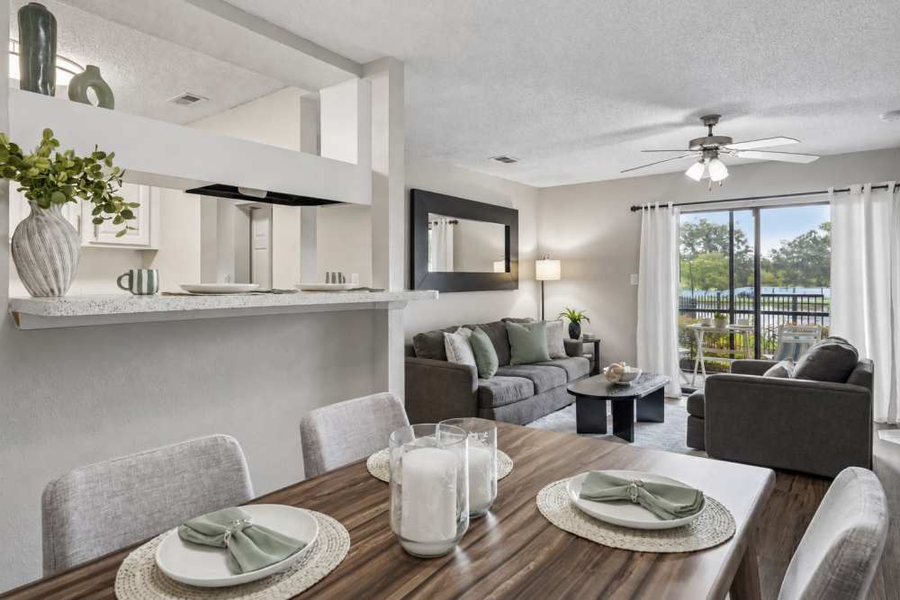 Open floor plan apartment with living room and dining area at Waterstone At Carrollwood in Tampa, Florida