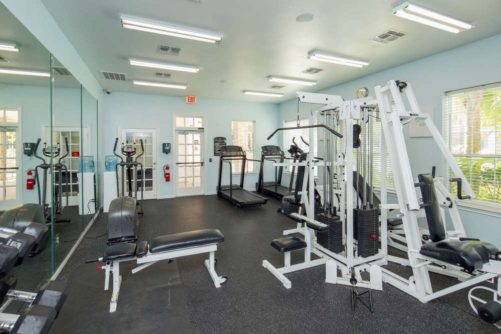 Fitness equipment in a light gray room at The Flats at Veranda Ridge in Texas City, Texas