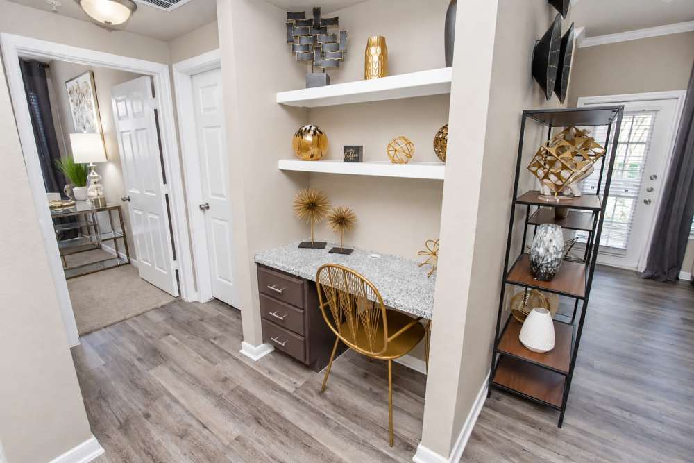 Desk with built-in bookshelf at The Flats at Veranda Ridge in Texas City, Texas.