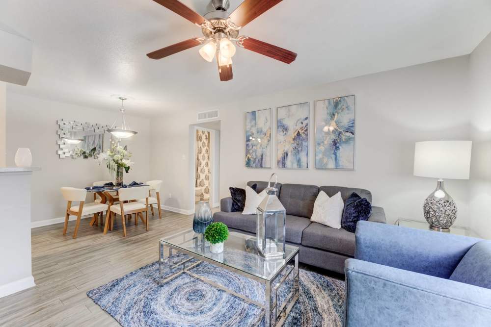 Living room and dining room at The Flats at Veranda Ridge in Texas City, Texas.