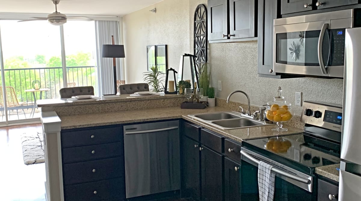 Kitchen with stainless-steel appliances at The View Tower Apartments, Shreveport, Louisiana