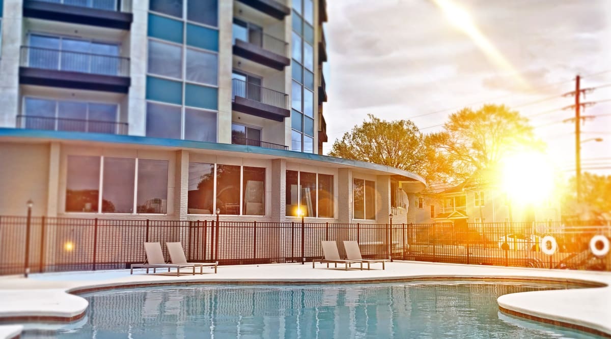 Resort-style pool at The View Tower Apartments, Shreveport, Louisiana