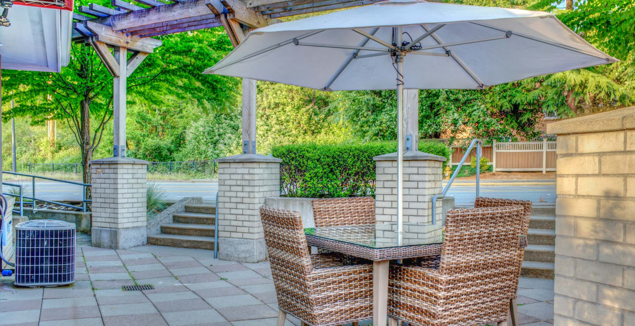 Outdoor lounge area at The Creekside in Woodinville, Washington