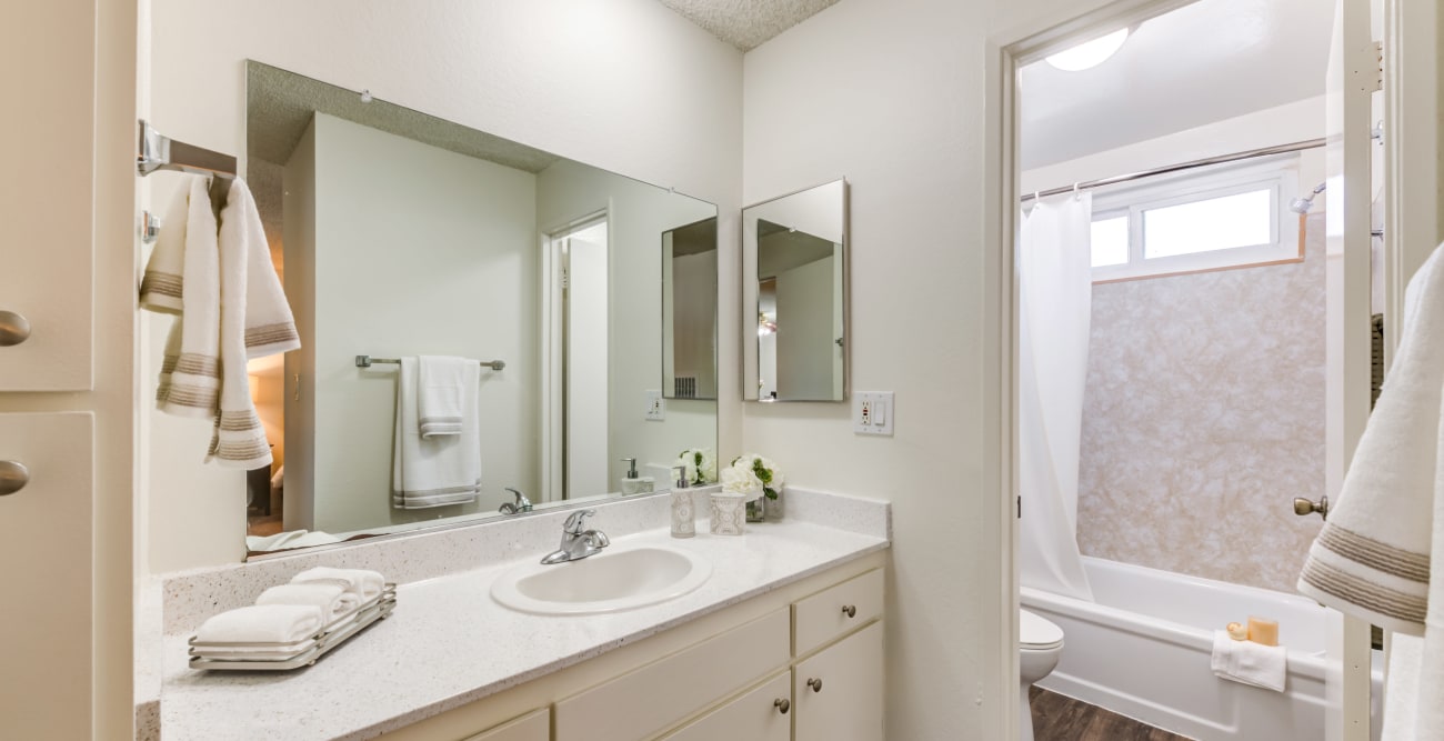 Spacious and bright bathroom at Vista Pointe II in Studio City, California