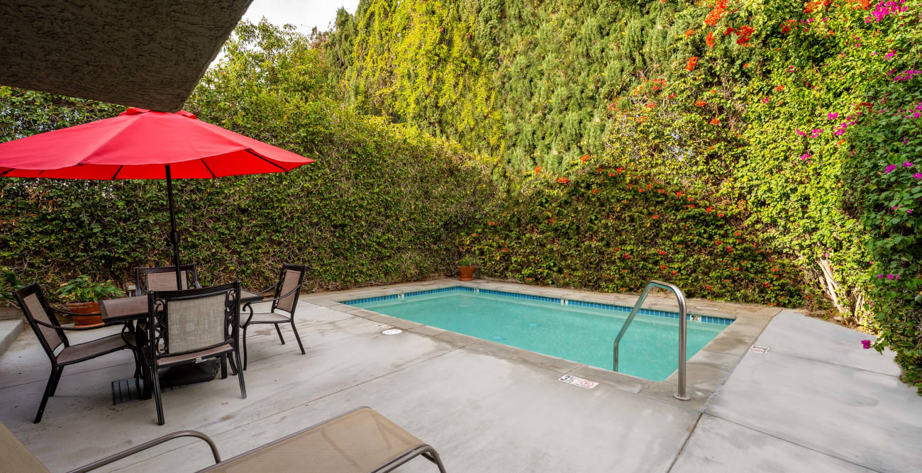 Pool with patio seating and loungers, surrounded by matured trees in Northridge, California showcase a Swimming Pool