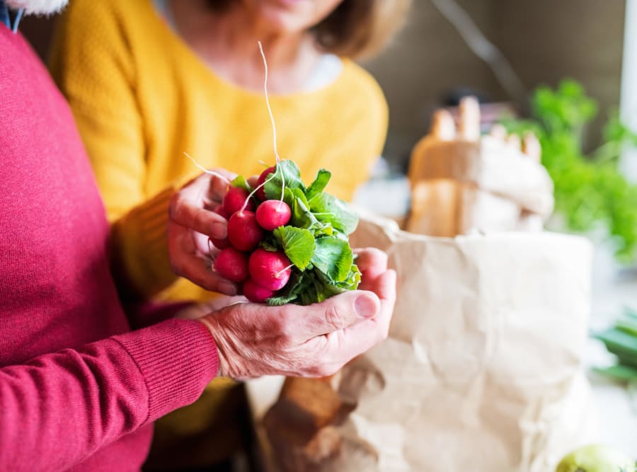 Residents with fresh ingredients at The Meridian at Boca Raton in Boca Raton, Florida