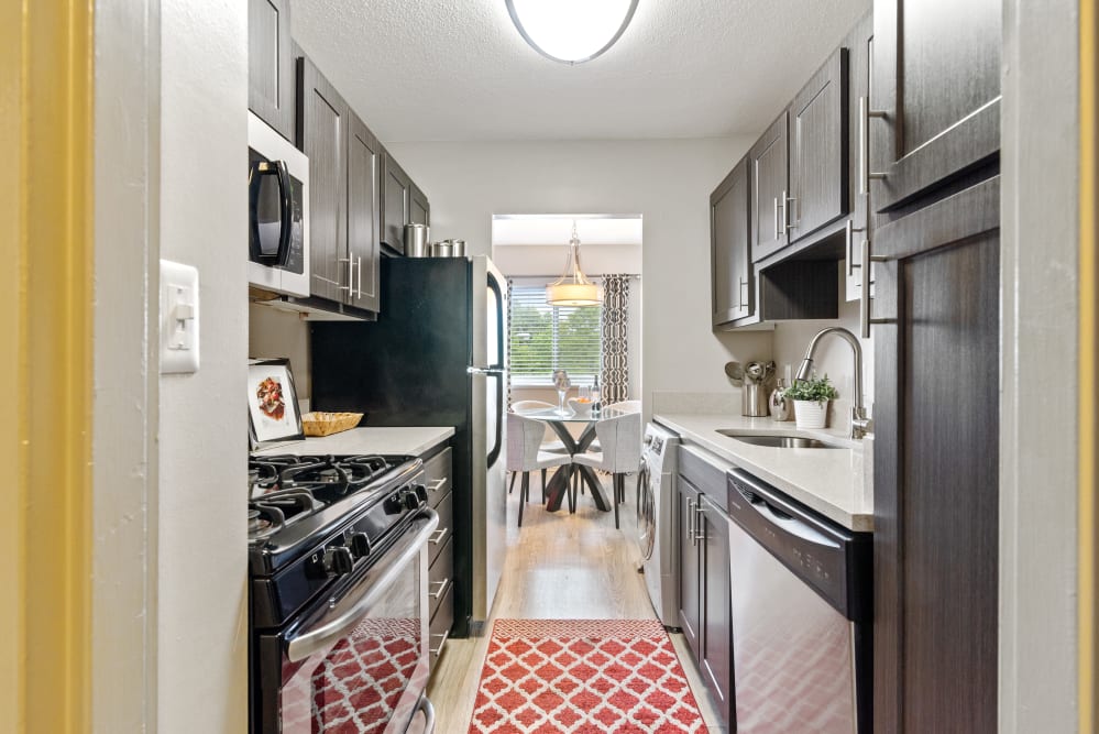 A spacious kitchen with a stainless-steel sink at Goldelm at 414 Flats in Knoxville, Tennessee