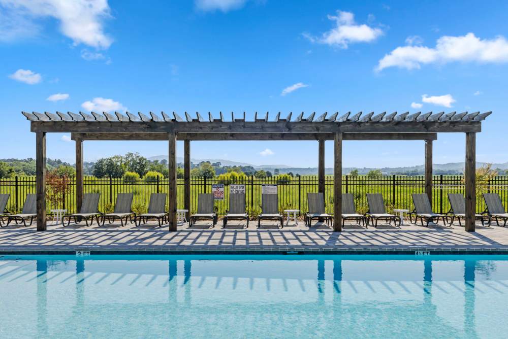 Outdoor pool with shaded lounge area and scenic views at Artisan Living Mills River in Mills River, North Carolina
