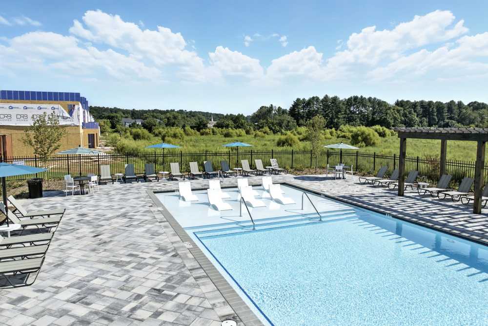 Poolside lounge area with shaded seating and scenic backdrop at Artisan Living Mills River in Mills River, North Carolina