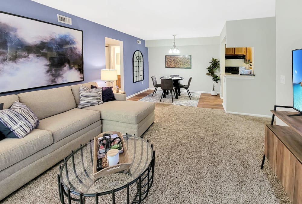 Large livingroom connected to dinning room at Cobblestone Grove Apartment Homes in Fairfield, Ohio