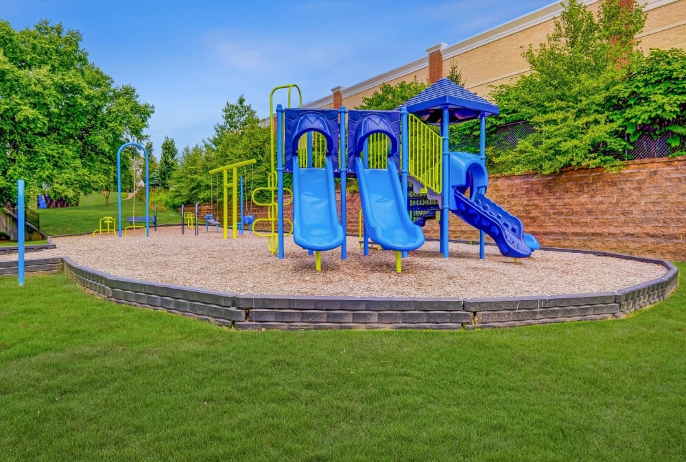 Blue playscape with slides at Club at North Hills in Pittsburgh, Pennsylvania