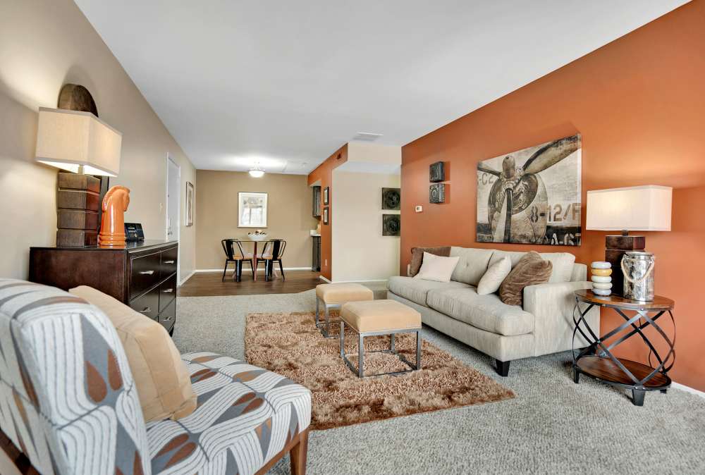 Spacious living room at Canterbury Green in Fort Wayne, Indiana