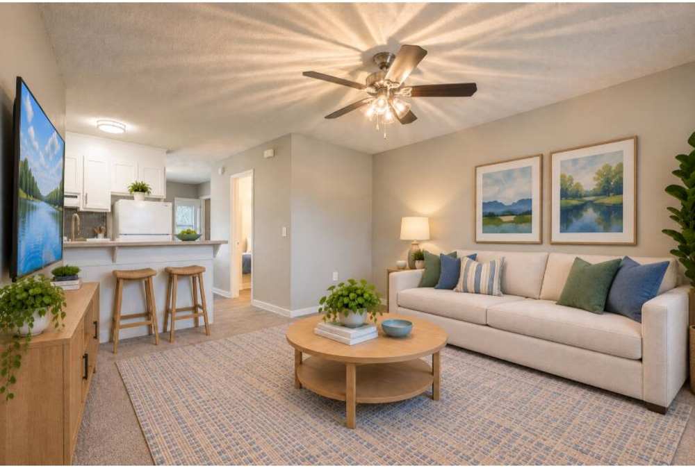 Spacious living room fully furnished with kitchen access Lakewood Apartment Homes in Salisbury, North Carolina