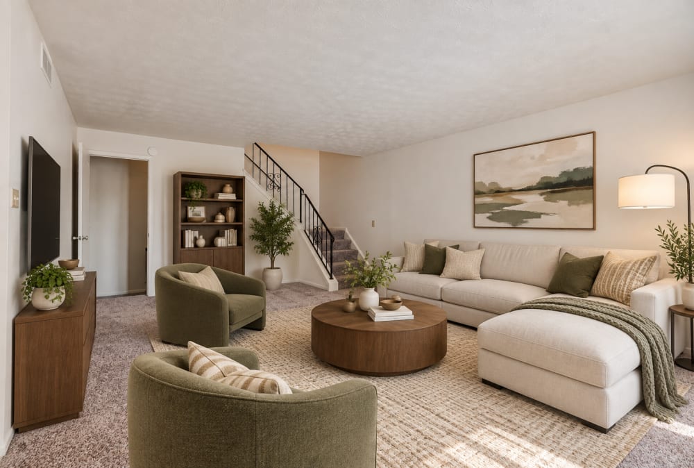 Living room with wall to wall carpeting at Brighton Colony Townhomes in Rochester, New York