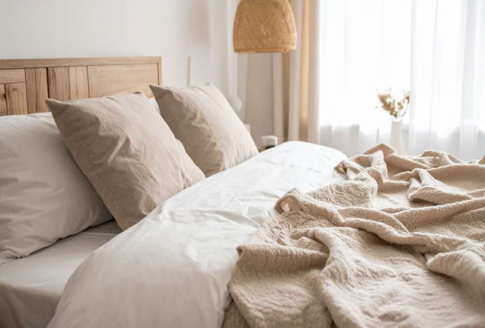 Bedroom with light colored linens at  RIVA Solana Beach in Solana Beach,California
