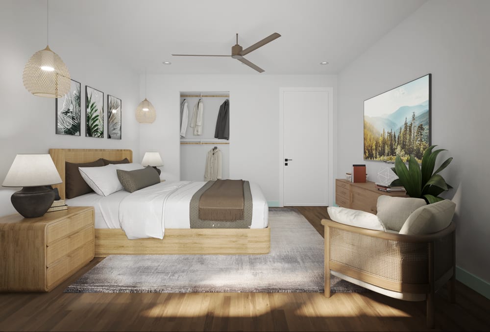 Bedroom interior at RIVA Solana Beach in Solana Beach, California 