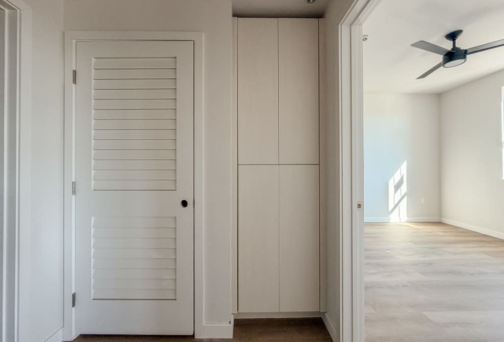 Hallway with storage at RIVA Solana Beach in Solana Beach, California