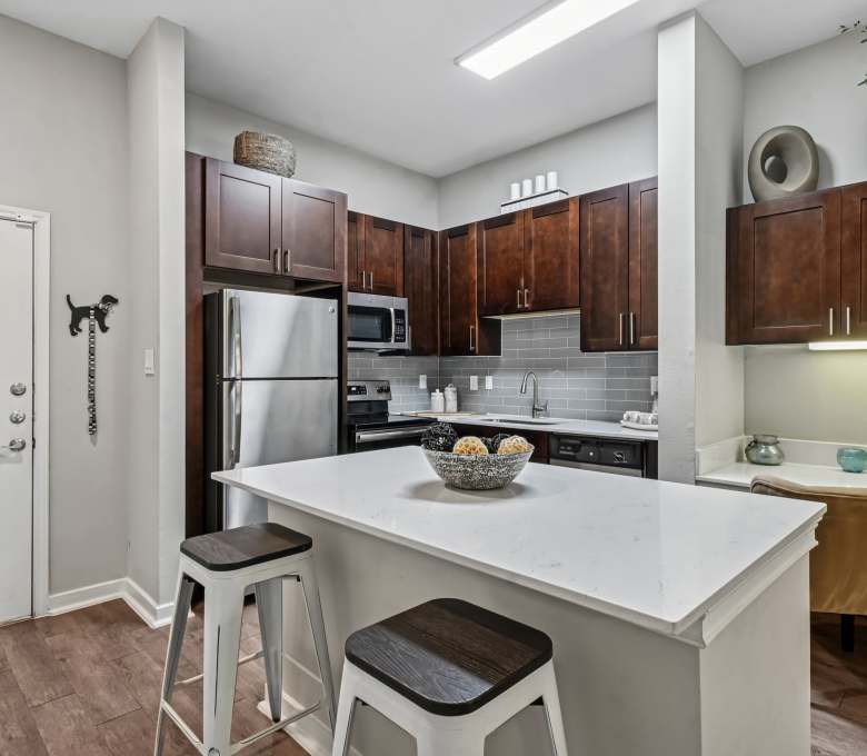 Model kitchen at Flatiron District at Austin Ranch in The Colony, Texas