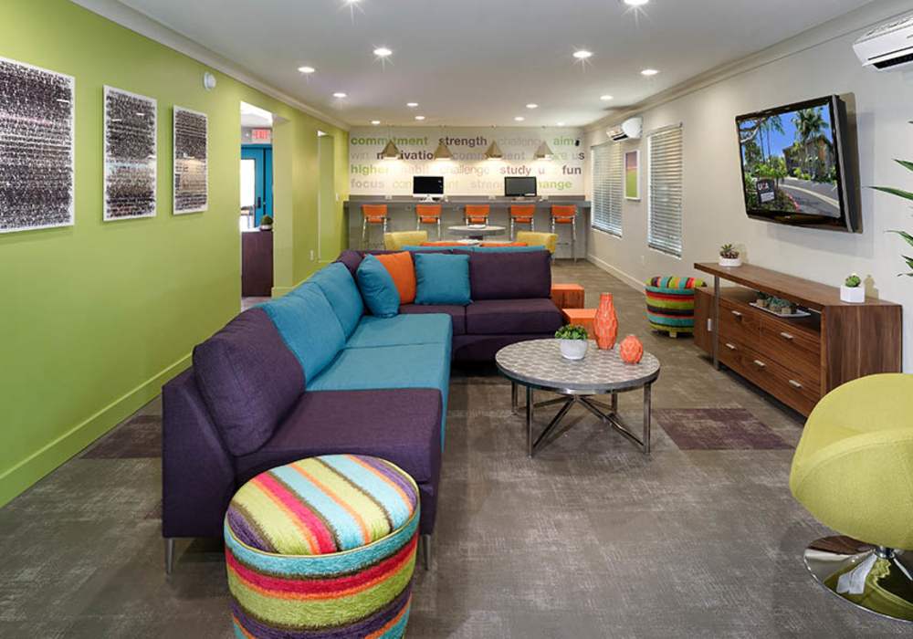 Clubhouse with unique interiors at UCA Apartment Homes in Fullerton,California