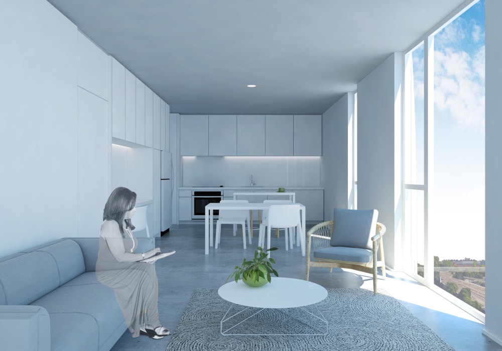 Living room rendering of Baltimore Station in Detroit, Michigan