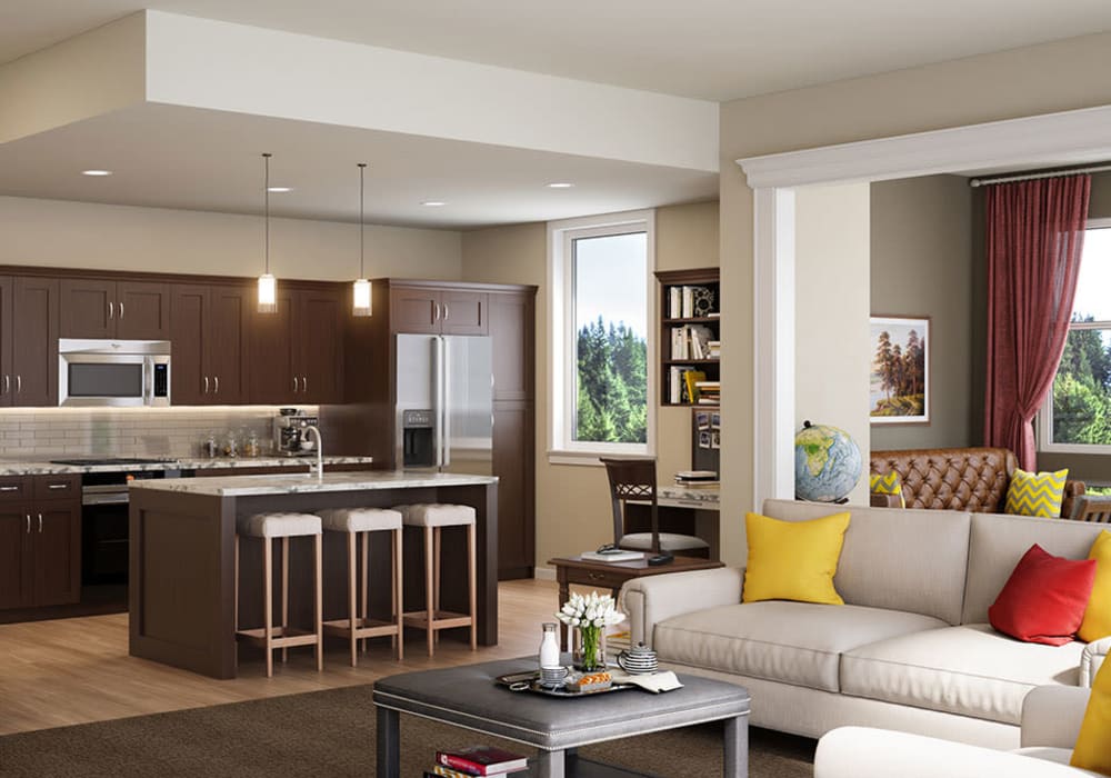 Kitchen and a living room at Touchmark in the West Hills in Portland, Oregon