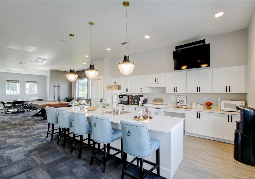 Community kitchen with a flat-screen TV great for Sunday football at LARC at Kent in Kent, Washington