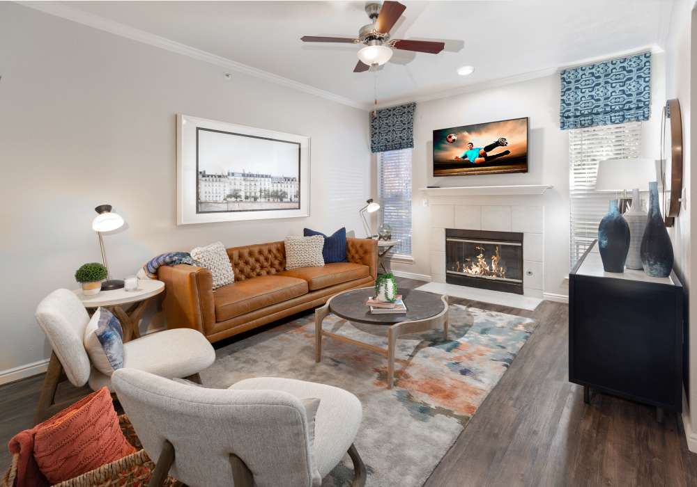 Well-furnished living room at Irving Schoolhouse Apartments in Salt Lake City, Utah