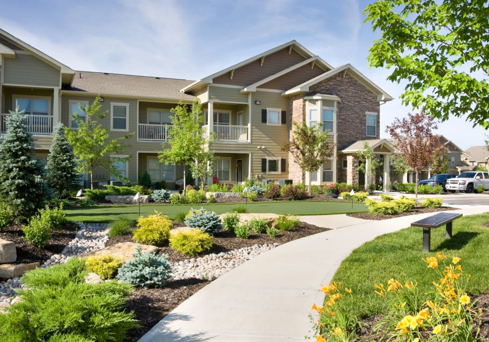 A walkway between apartment buildings at The Sovereign at Overland Park in Overland Park, Kansas.