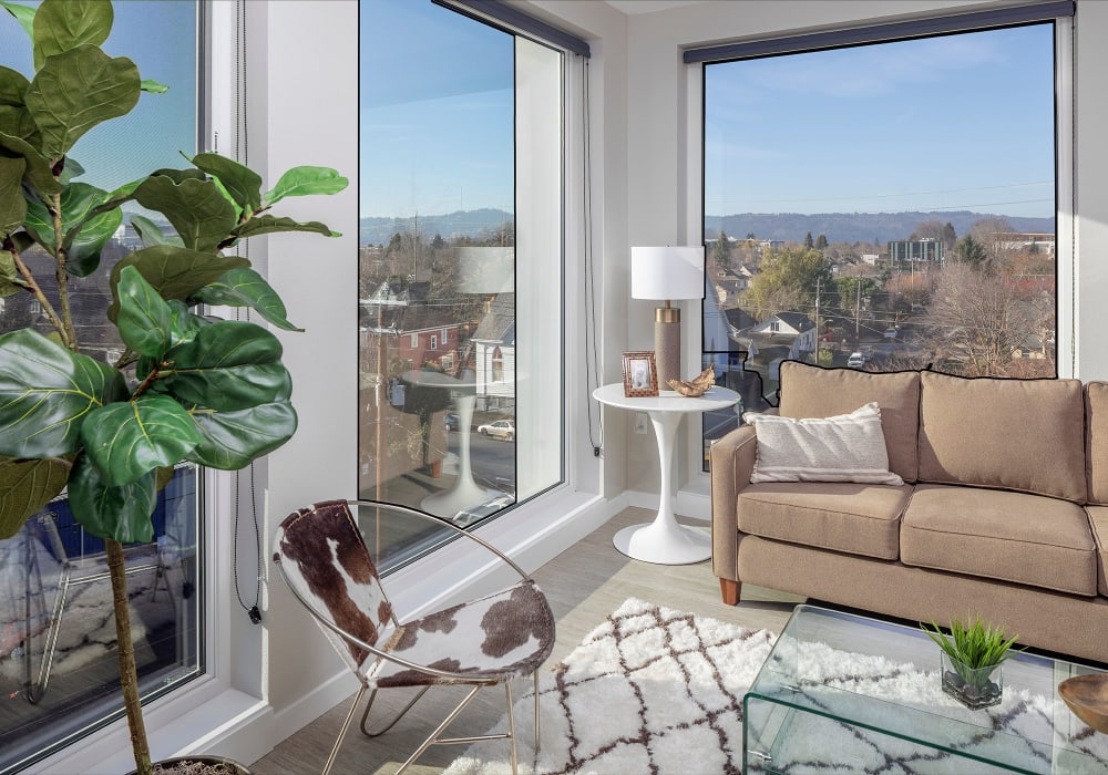 Model living room at Division Terrace in Portland, Oregon