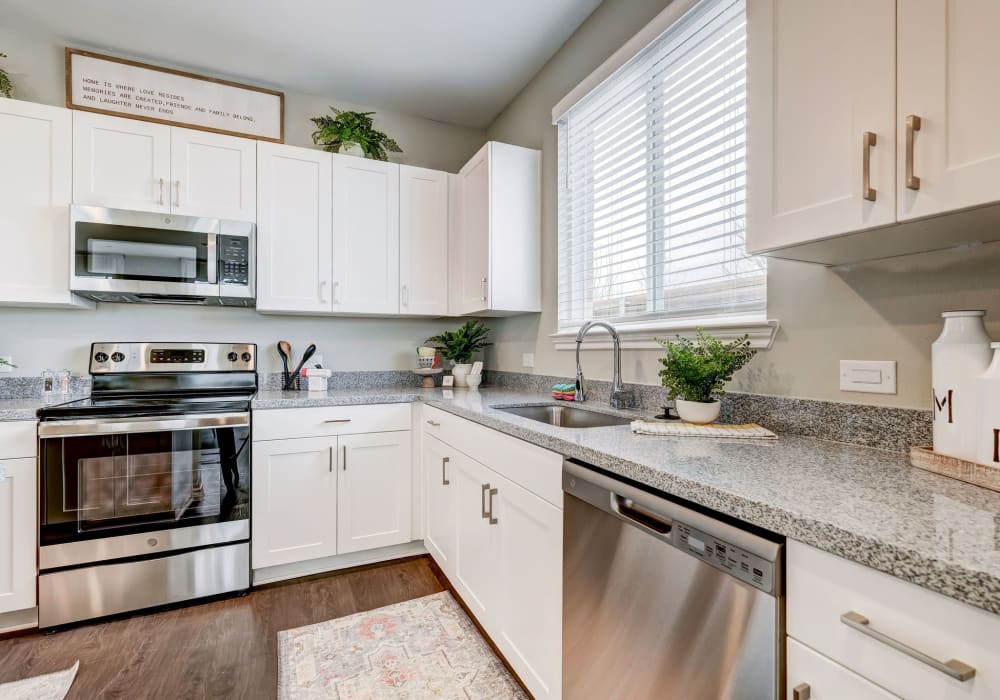 Sleek and modern white cabinets and stainless steel appliances in the kitchen at BB Living Light Farms in Celina, Texas