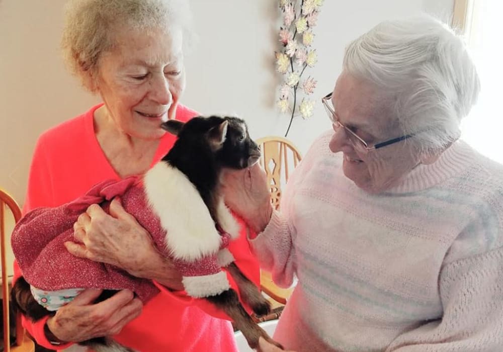 Residents holding a dog at Wellington Place at Hartford in Hartford, Wisconsin