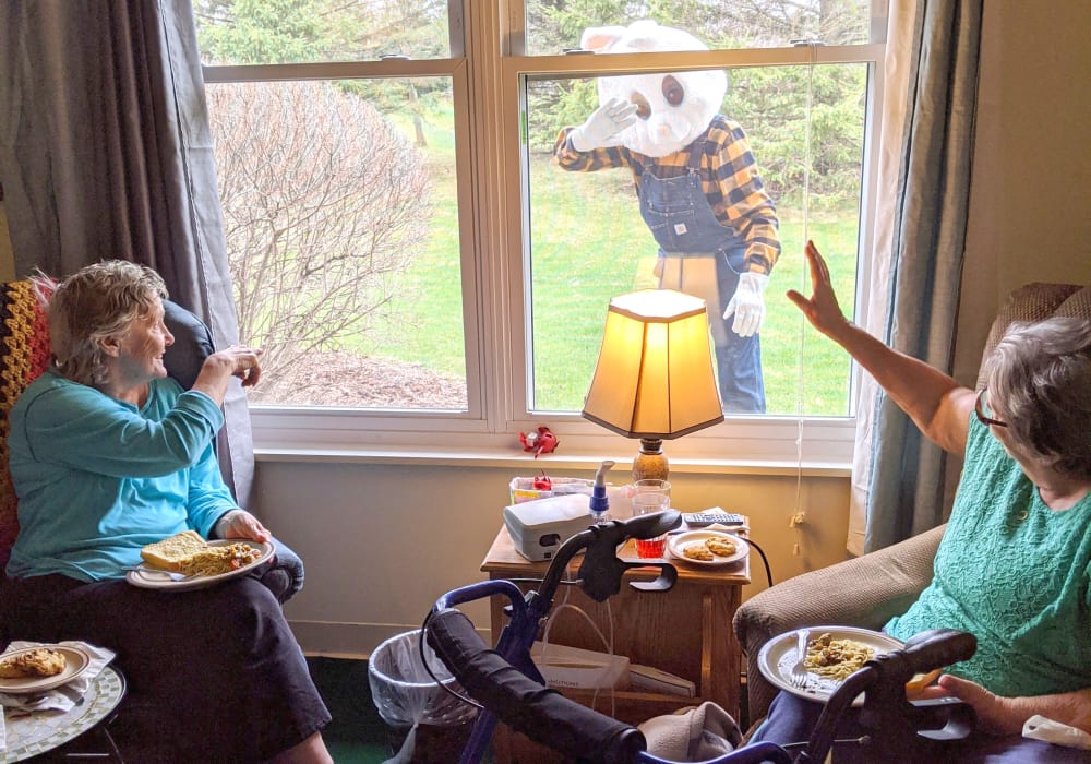 Easter bunny visiting at Wellington Place at Hartford in Hartford, Wisconsin