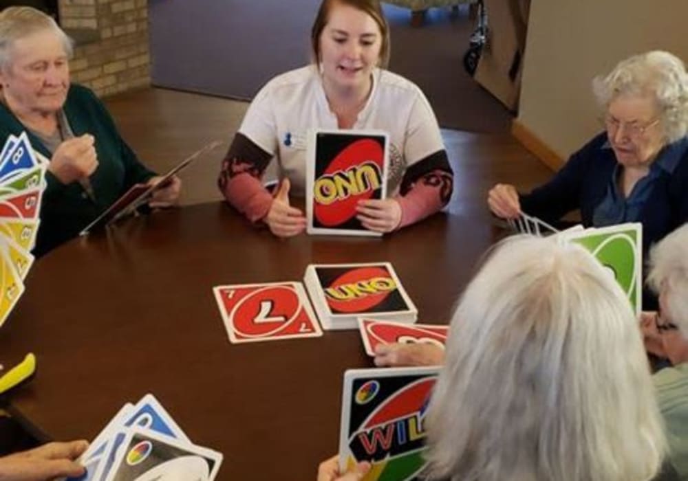 Residents playing Uno at Wellington Place at Whiting in Stevens Point, Wisconsin