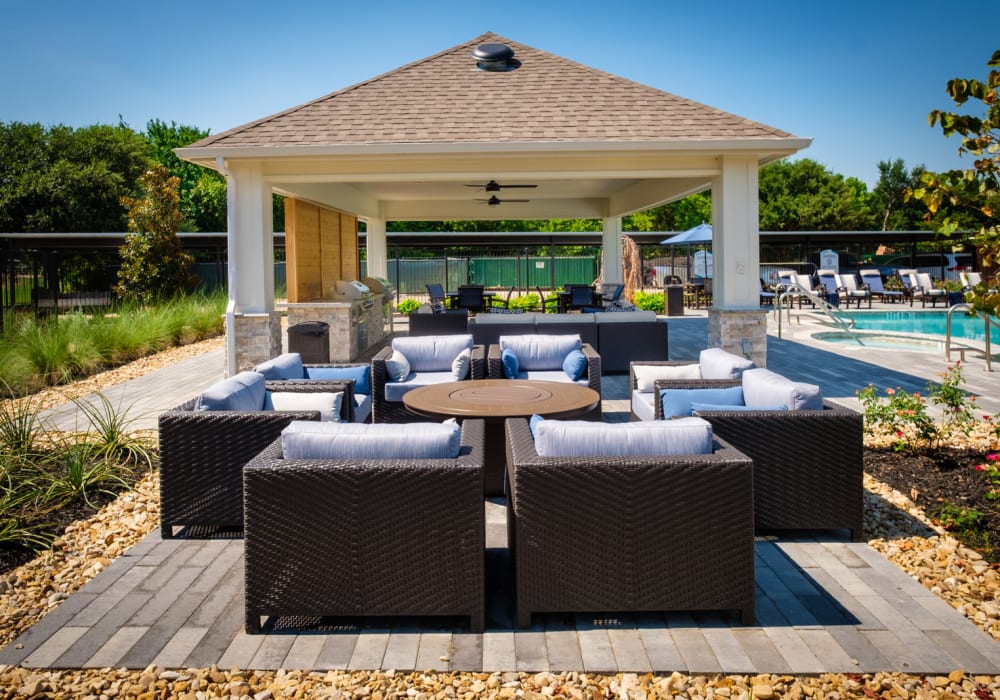 Bright, spacious resident poolside lounge at Haven at Lewisville Lake in Lewisville, Texas.