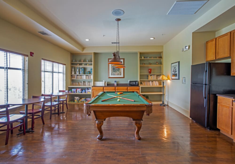A billiards table in the community clubhouse at Mariposa at Ella Boulevard in Houston, Texas