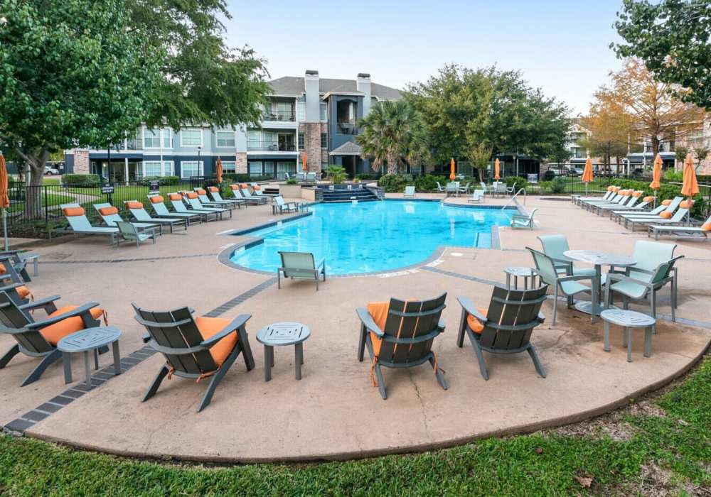 Clean swimming pool at Hollister Place Apartments in Houston, Texas